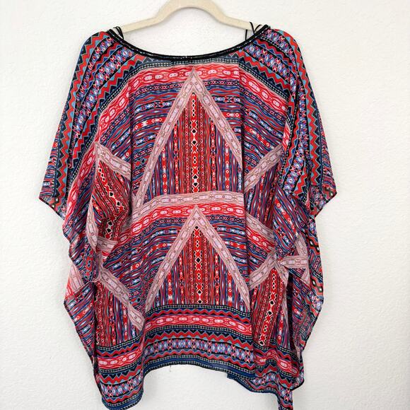 New Direction Womens Blouse Top Size 2X Flowy Geo Print Beaded Tassel Red - Picture 3 of 8